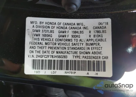 2018 Honda Civic Ex из США, поврежденный, VIN 2HGFC2F78JH560283